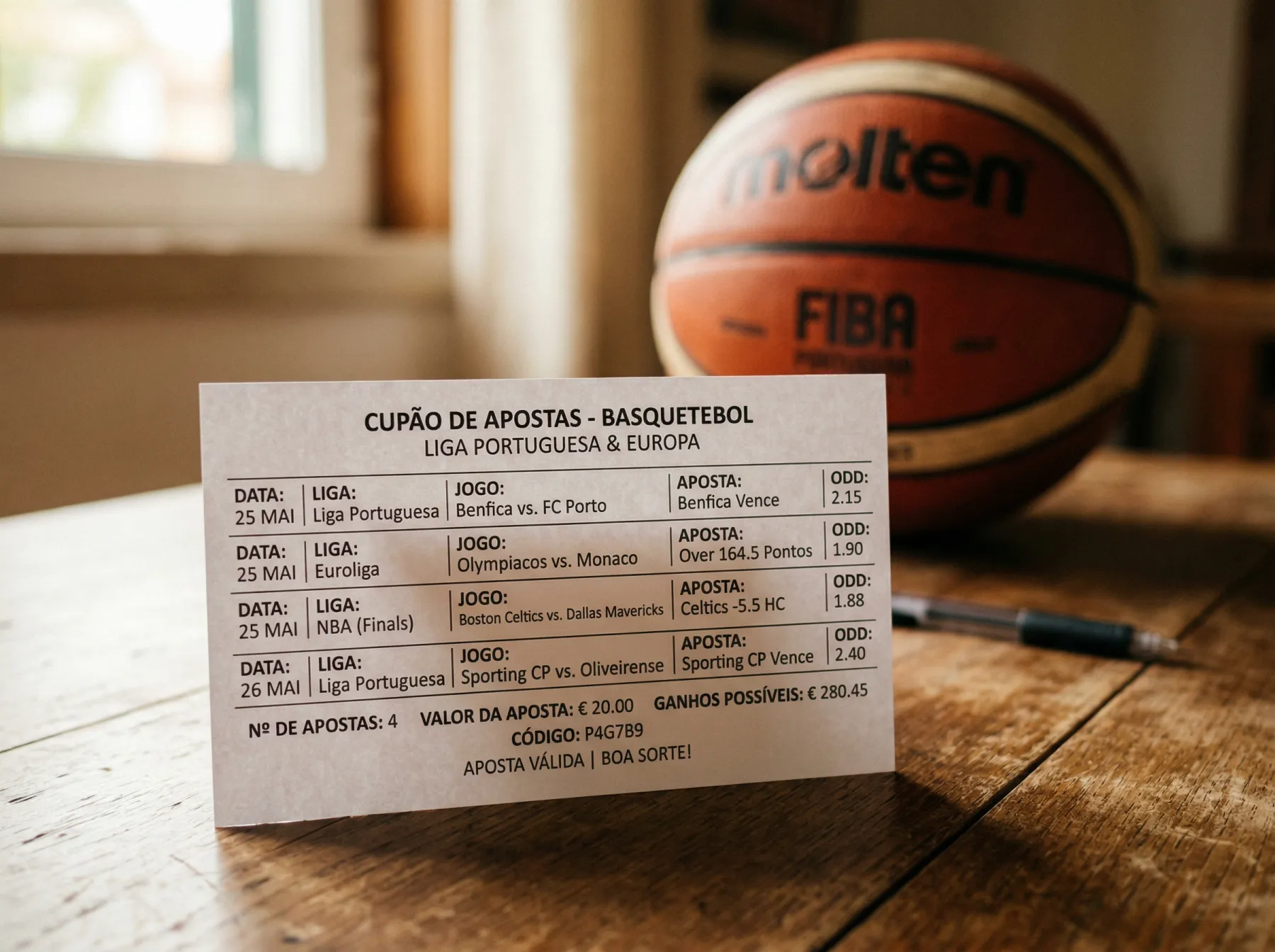 Boletim de apostas combinadas com múltiplas seleções de basquetebol