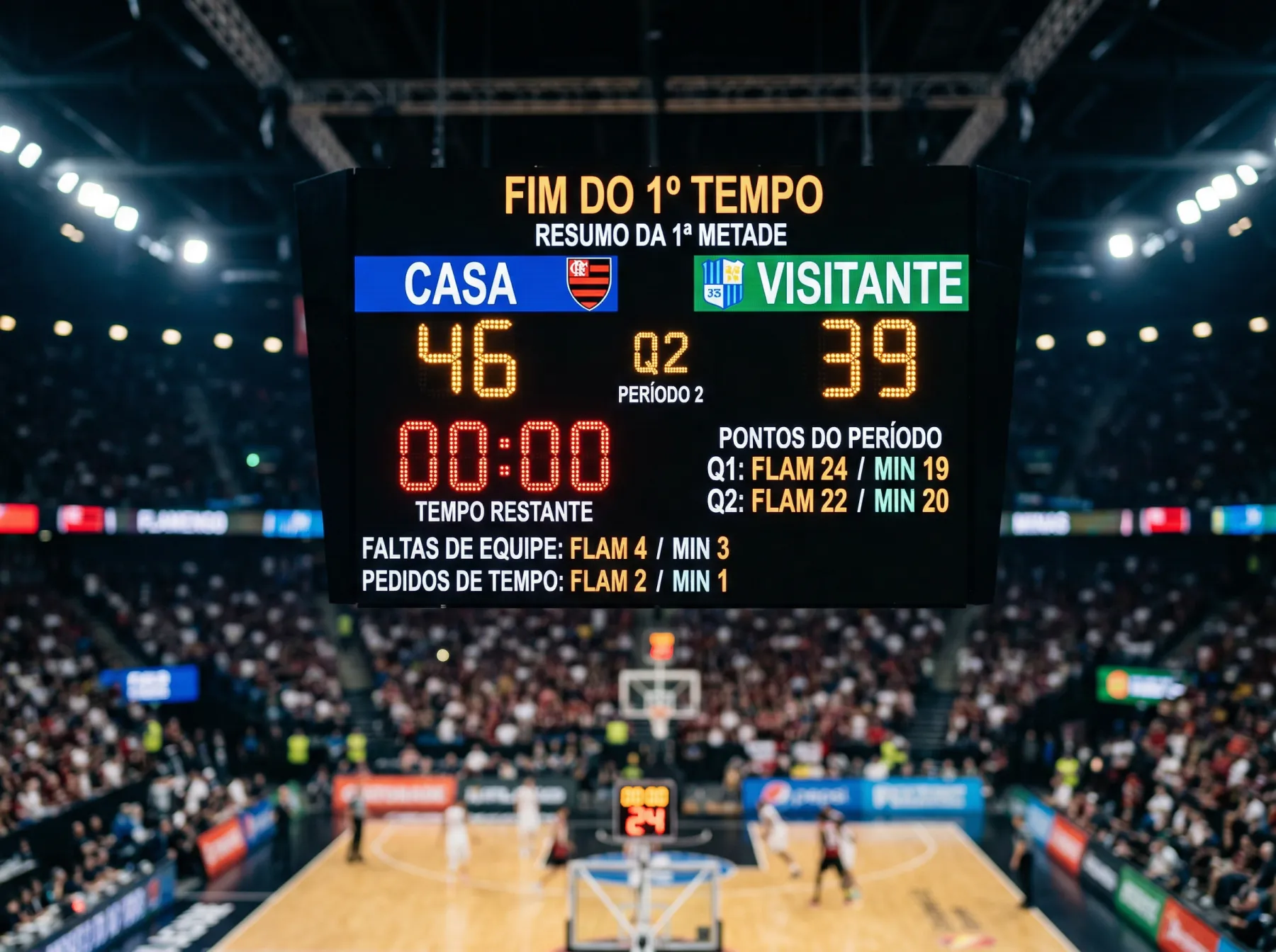 Placar de basquetebol mostrando pontuação do primeiro tempo