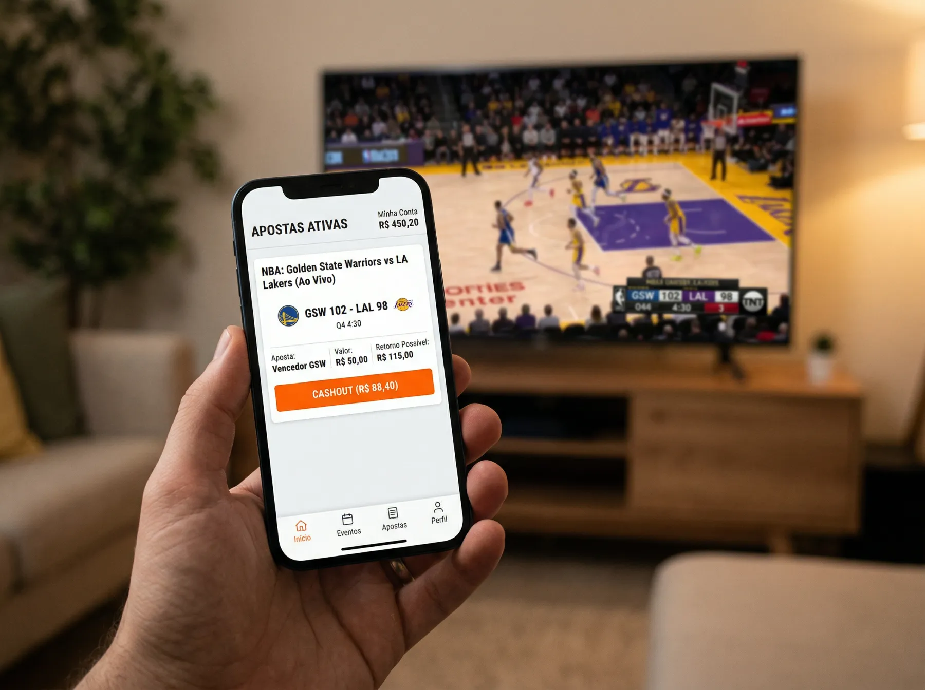 Botão de cashout numa aplicação de apostas de basquetebol