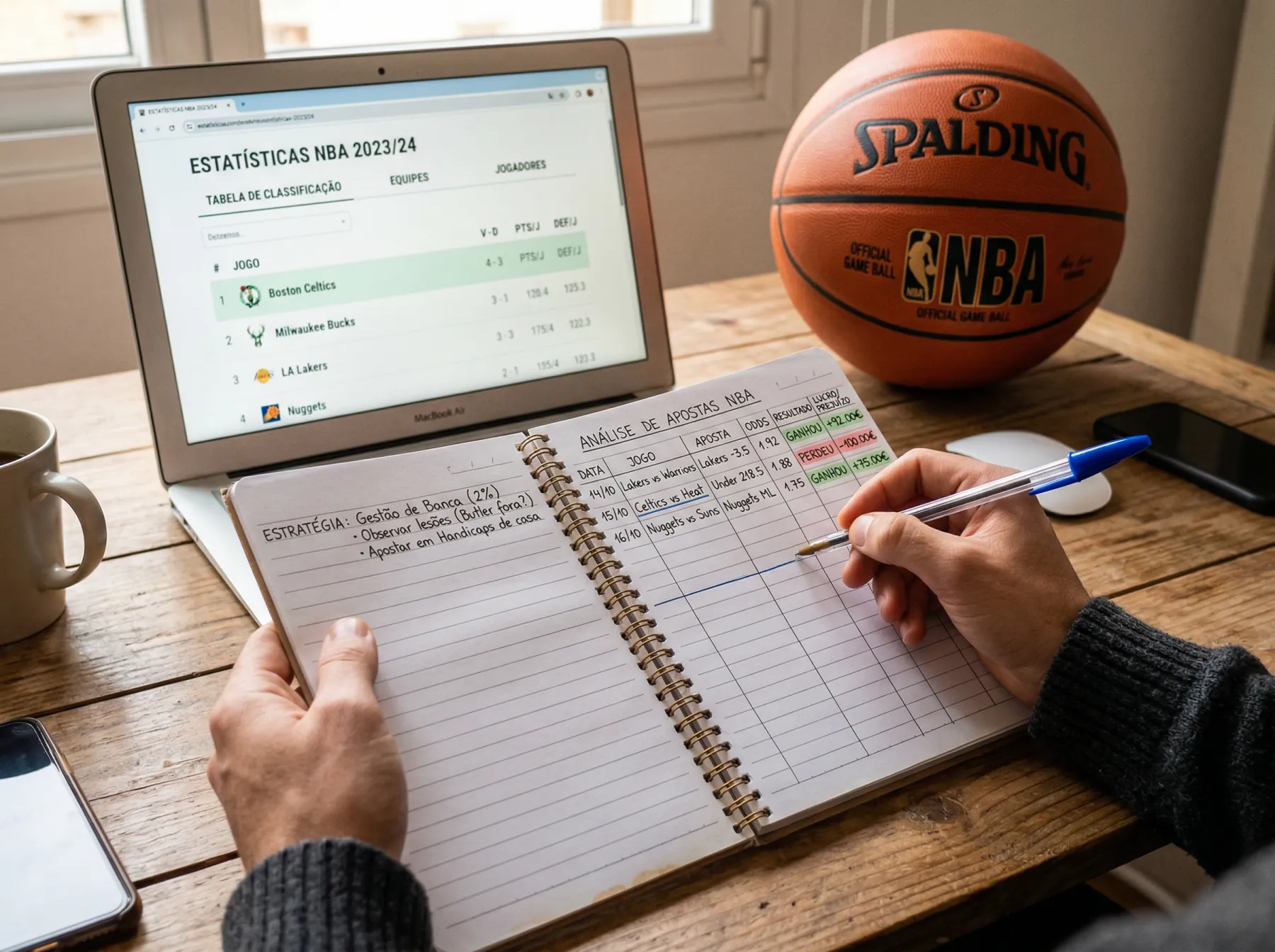 Apostador a analisar erros em registos de apostas de basquetebol