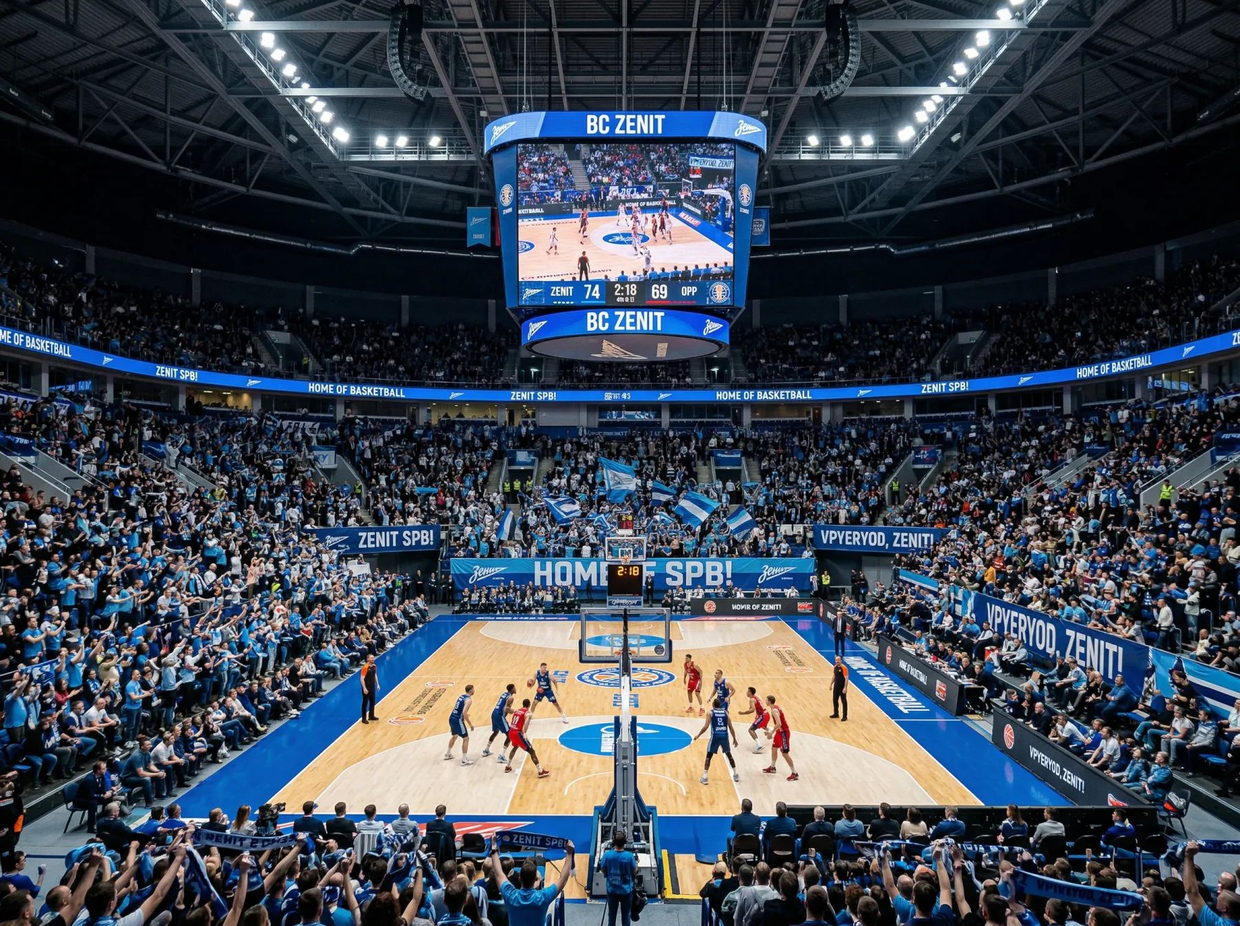 Arena de basquetebol com adeptos a apoiar a equipa da casa
