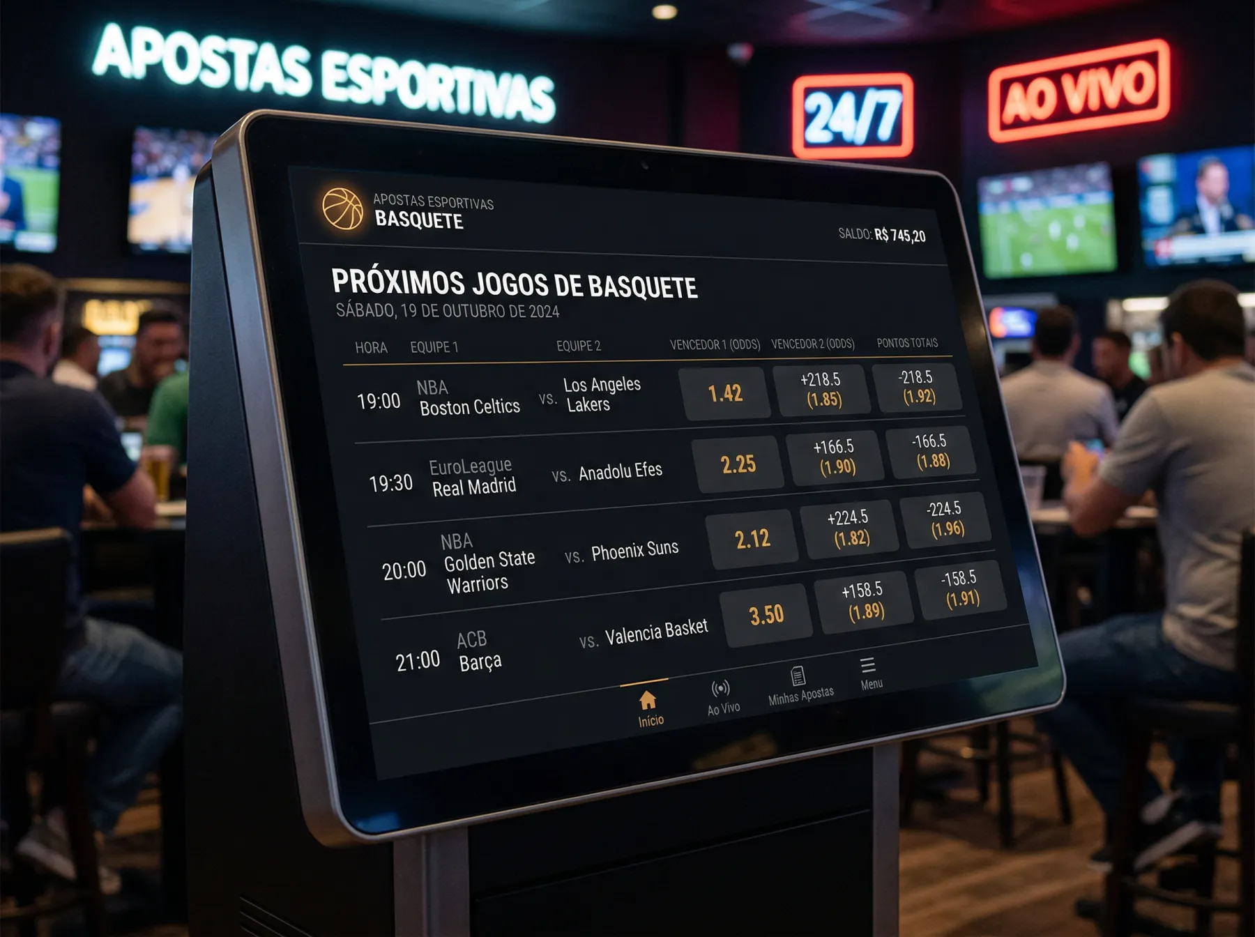 Ecrã com odds de apostas de basquetebol em formato decimal